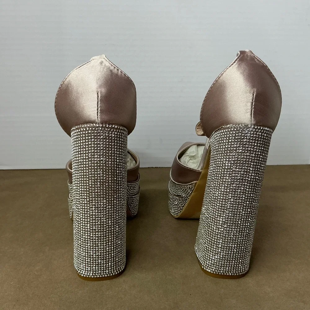 Cape Robbin Snow White-2 Satin Rhinestone Platform Block Heel Pumps Womens 6